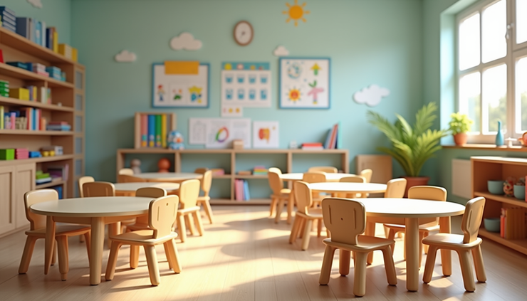 Eye-level view of a colorful preschool classroom with child-sized tables and learning materials neatly arranged