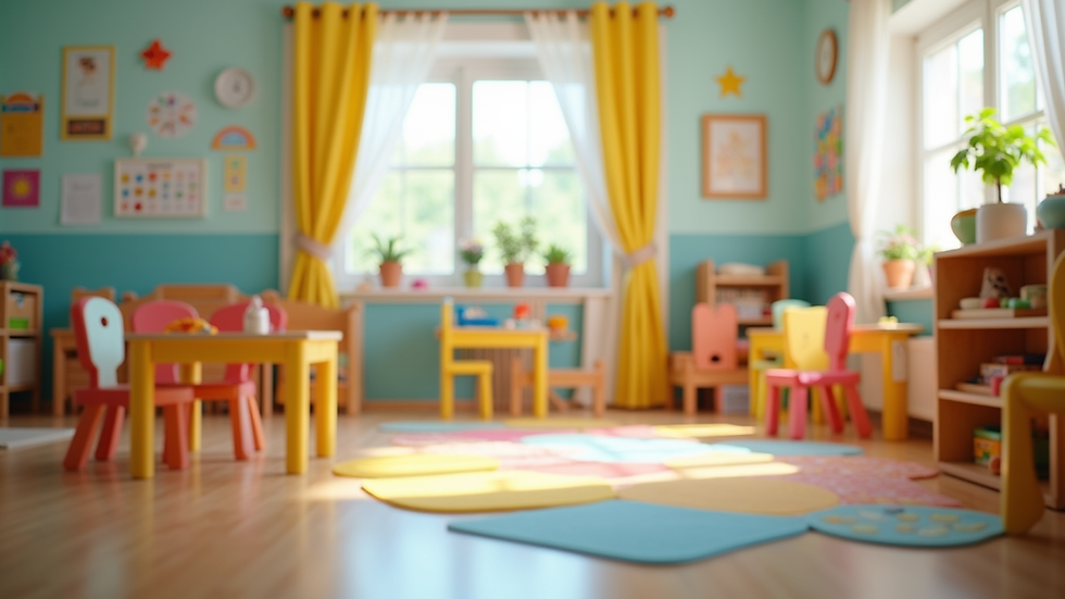 Eye-level view of a colorful nursery classroom with child-sized furniture and learning materials