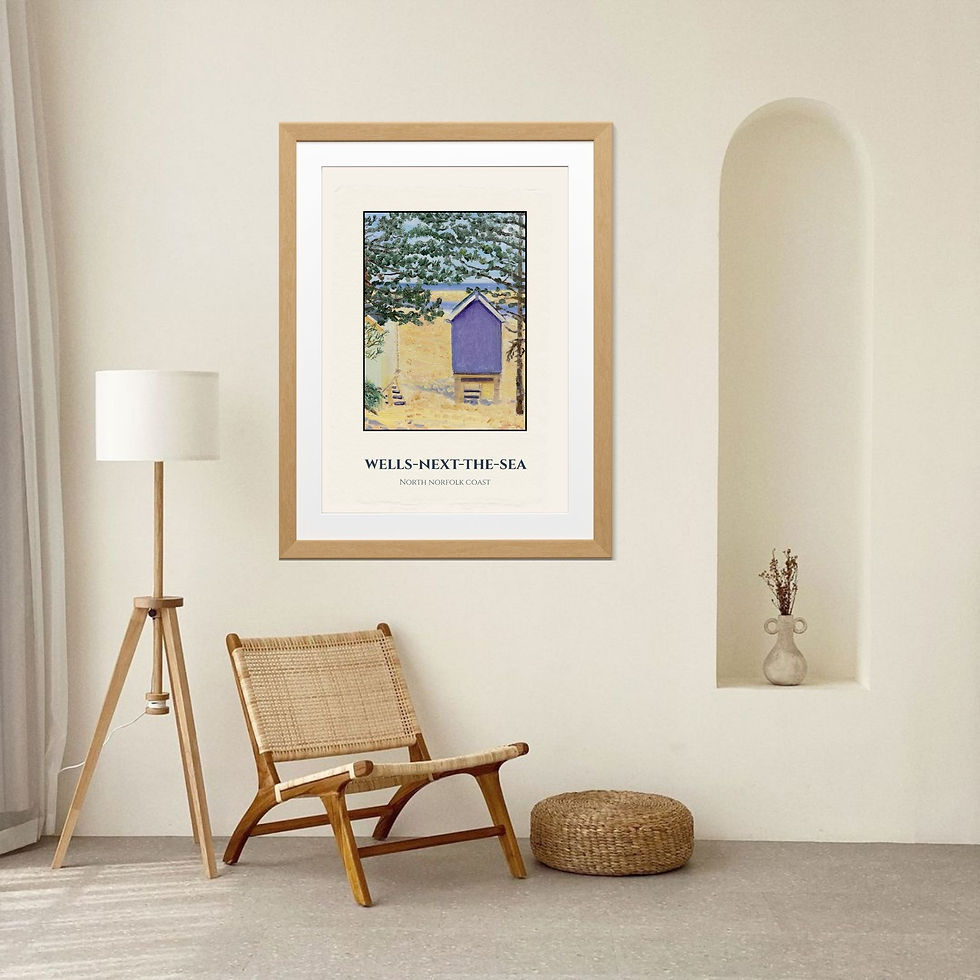 Thumbnail: Wells-next-the-Sea Beach Hut Print - Norfolk Coast Poster - A3 Museum Quality Print on a wall in a frame