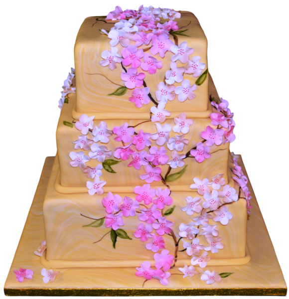 Three-tiered wedding cake with pink and white sugar paste blossoms cascading elegantly.