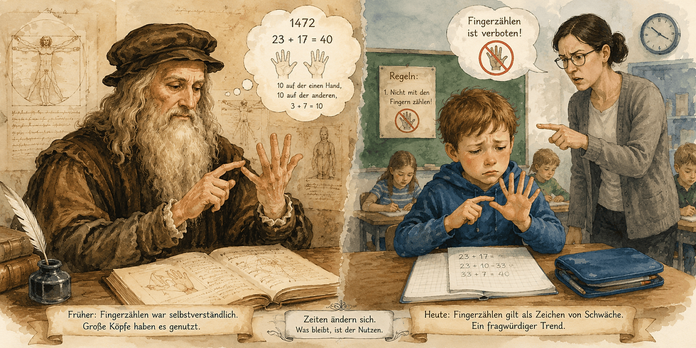 Fingerzählen im Mathematikunterricht: Leonardo da Vinci nutzt seine Finger als Rechenhilfe, während ein Schüler heute dafür kritisiert wird.