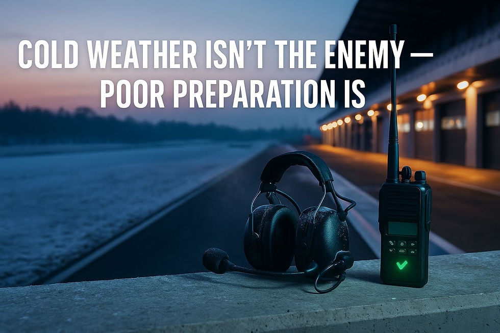 “Racing headset and two-way radio sitting on a frosty pit wall at sunrise, with the radio showing a green readiness indicator, symbolizing how proper preparation ensures reliable communication in freezing track conditions.