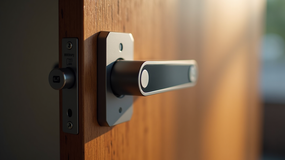 Close-up view of a modern smart lock installed on a wooden door