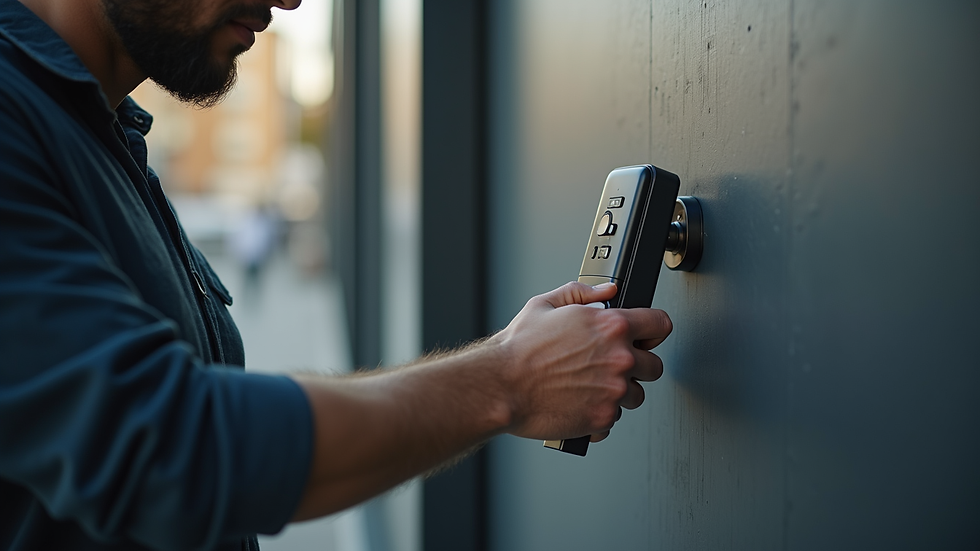 Eye-level view of a locksmith installing a smart lock on a metal door