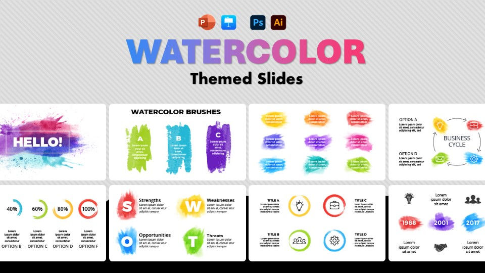 Presentation slides with colorful watercolor designs and business templates