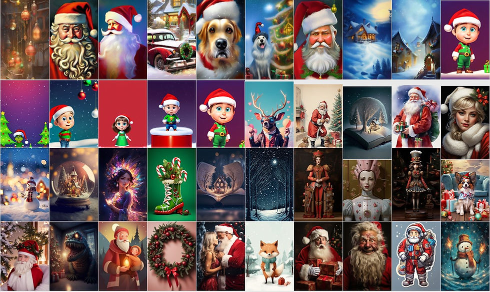 Thumbnail: More AI-generated Christmas images featuring Santa, elves, pets, and décor.