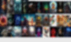 Grid of AI-generated sci-fi robots, aliens, and cosmic scenes.