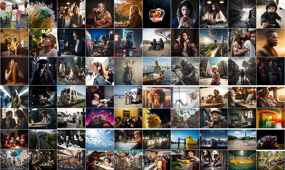 Thumbnail: AI collage of everyday life, families, fantasy creatures, city life, and ocean scenes