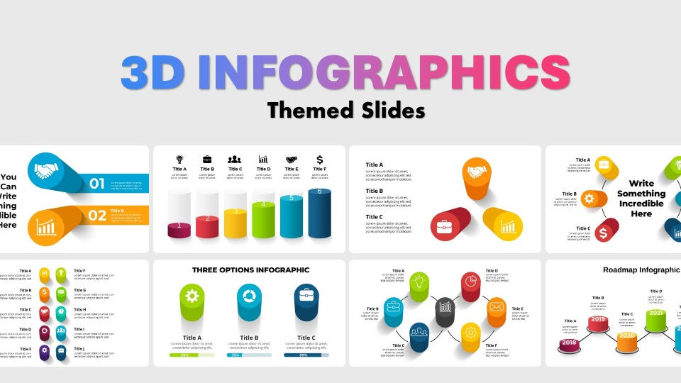 Presentation slides showcasing colorful 3D charts, graphs, and infographic elements