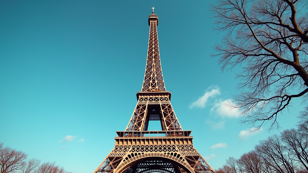 Eye-level view of the Eiffel Tower with a clear blue sky