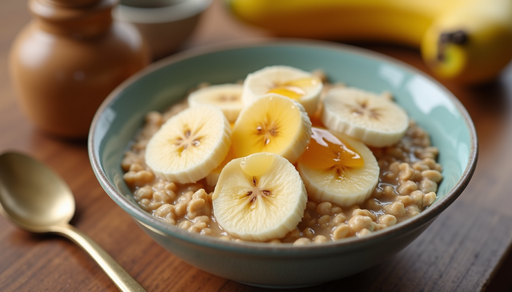 Close-up view of a bowl of oatmeal topped with banana slices and honey
