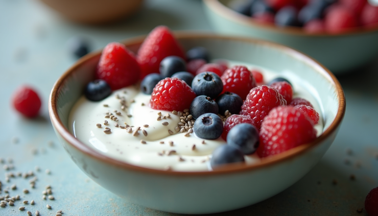 Eye-level view of a small bowl of Greek yogurt topped with mixed berries and chia seeds