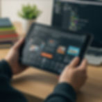 Android tablet with UI and a Pc in the background