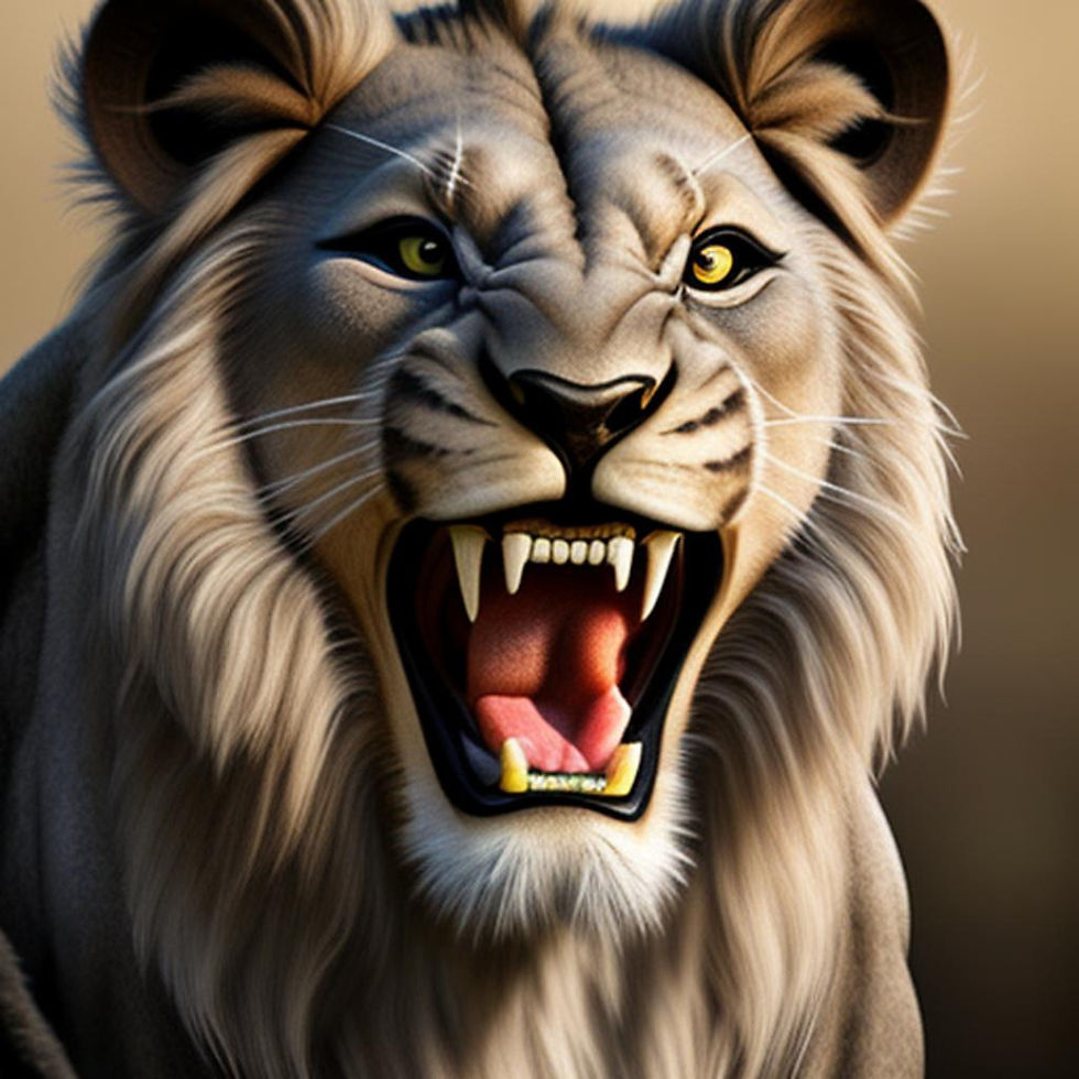 Roaring defensive tan lion with yellow eyes