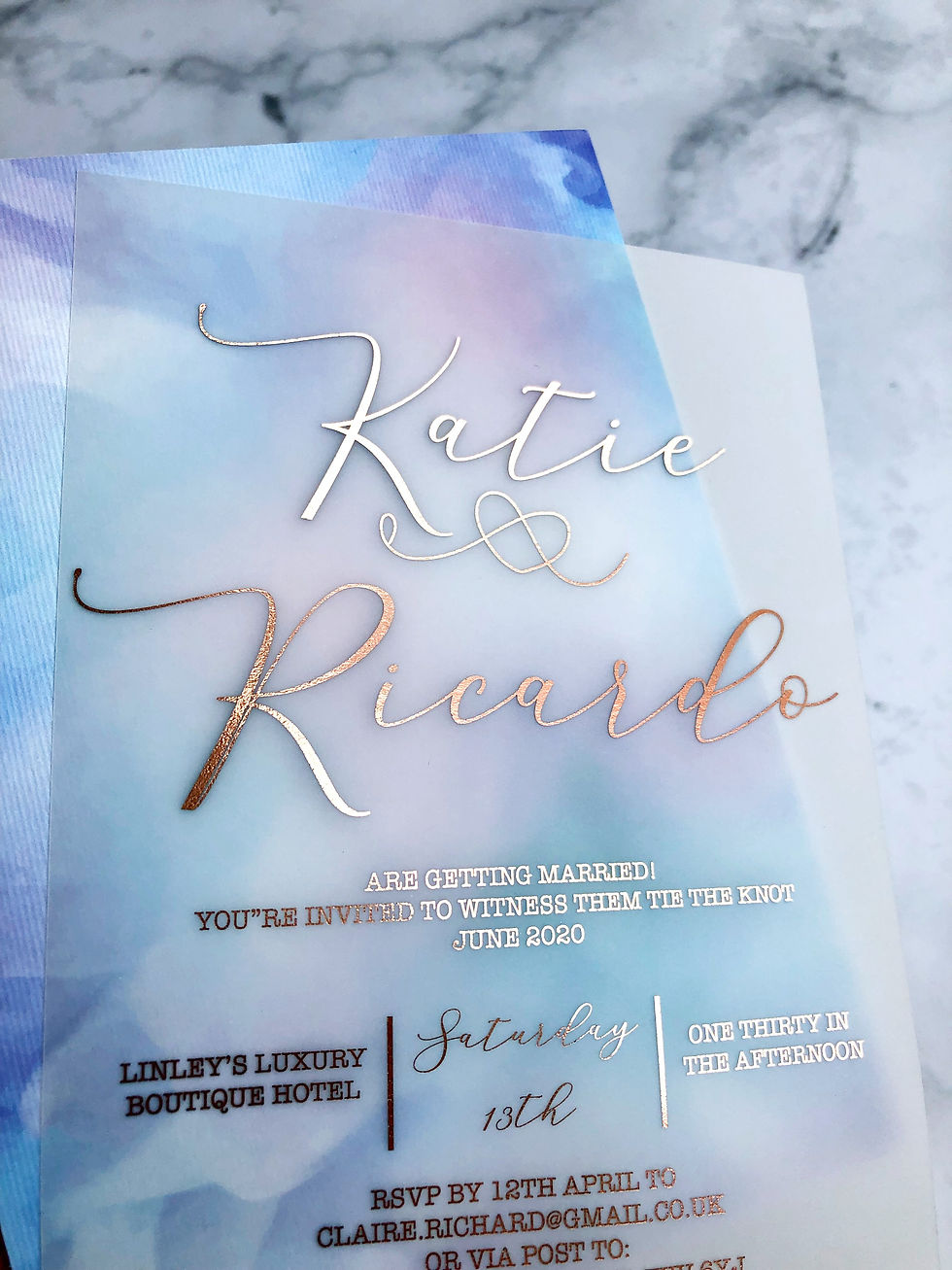 Thumbnail: Gold/Pastel watercolour vellum invitation