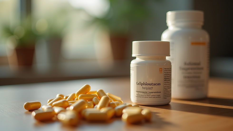 Close-up view of a selection of health supplements on a wooden table