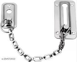 Chrome-plated steel door safety chain lock for added security on main entrance doors by Modern luxury door hardware suppliers in Ahmedabad.