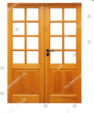 Classic double-leaf glass panel wooden doors with multiple square glass sections