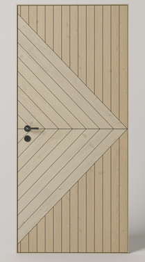 Contemporary light-wood designer door with geometric V-shaped plank pattern and black handle by residential doors and frames manufacturers in Ahmedabad.