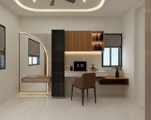 Modern minimalist home workspace with wooden furniture, soft lighting, and decor accents, designed by residential interior designers in Ahmedabad.