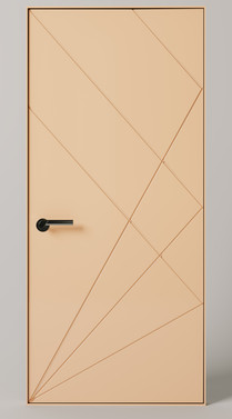 Modern beige designer wooden door with geometric line pattern and black handle by premium-quality doors manufacturers in Ahmedabad, Gujarat.