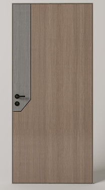 Modern light-brown wooden door with geometric grey side panel and black handle by doors and frames manufacturers Ahmedabad.