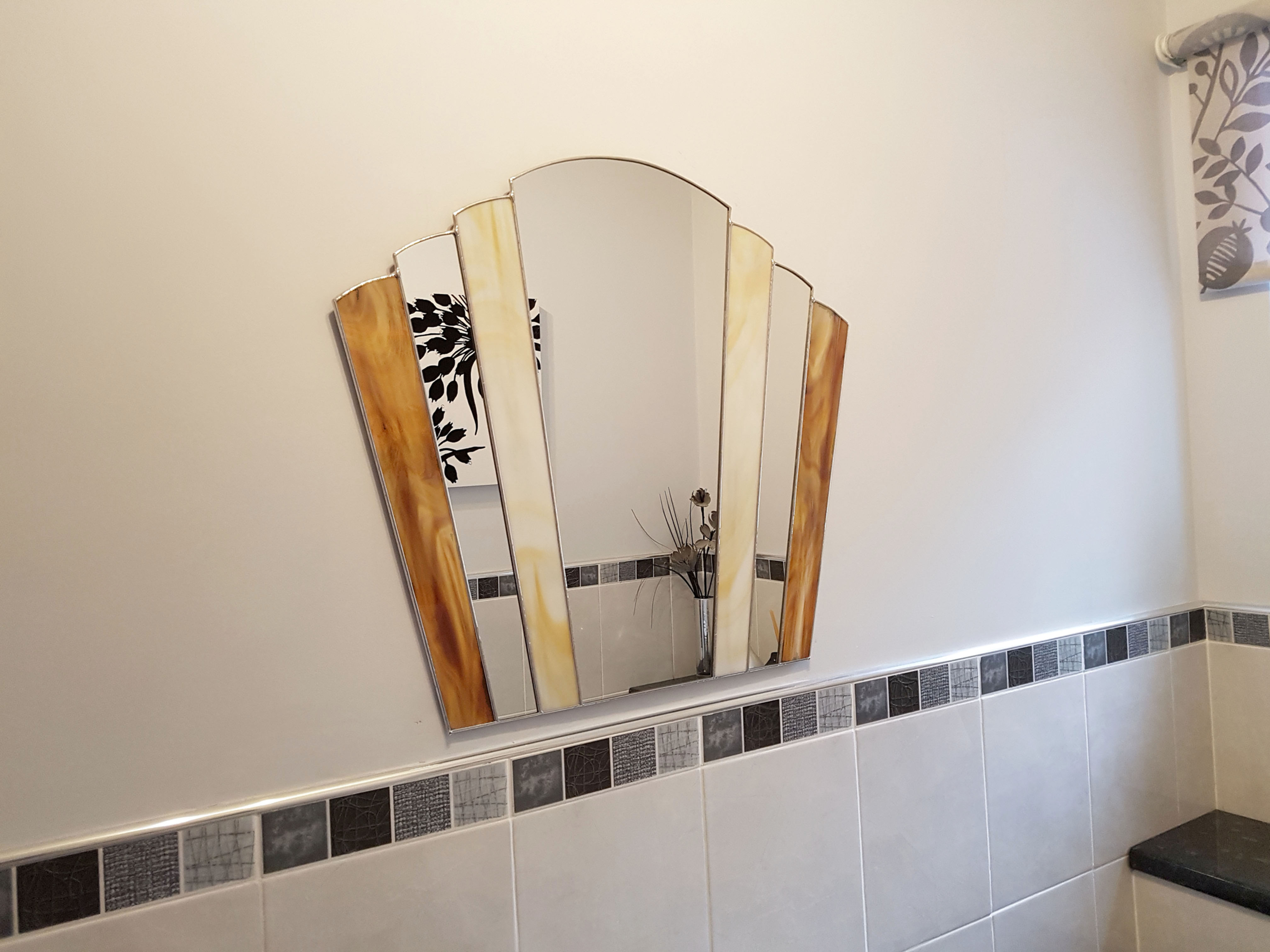 Art Deco 1930s Fan Mirror-Brown and Cream Stained Glass