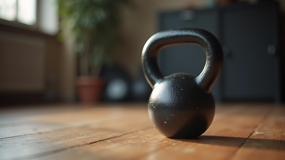 Close-up view of a single kettlebell on a wooden floor