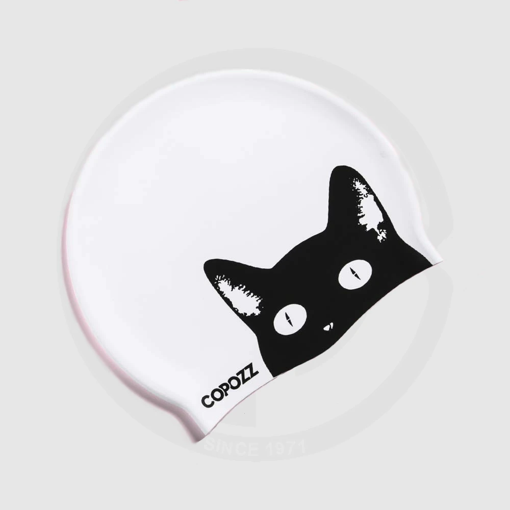 COPOZZ long hair adult swim caps, White with Black kitten