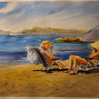 Capturing the Mallorquin beach atmosphere through an intimate conversation between two women sunbathing.