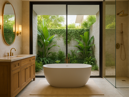 Creating a seamless indoor-outdoor bathroom retreat Houston with glass walls, freestanding tub, and natural stone finishes.