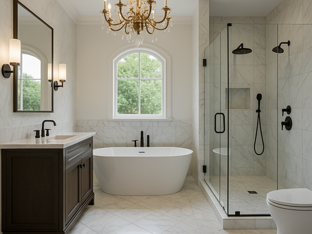 How to blend modern and classic styles Houston bathroom remodeling with marble, chandeliers, and frameless showers.