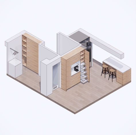 Render arquitectura Remodelación Cocina departamento Providencia. 