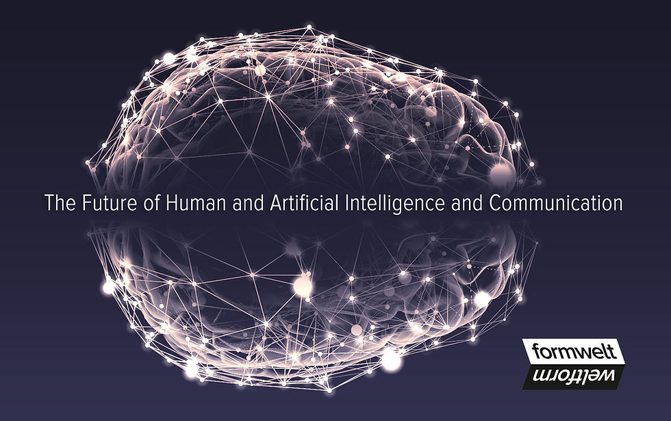 Abstrakte Darstellung eines menschlichen Gehirns, umgeben von einem leuchtenden Netzwerk aus Linien, Punkten und Verbindungen. Darüber der Schriftzug „The Future of Human and Artificial Intelligence and Communication“.