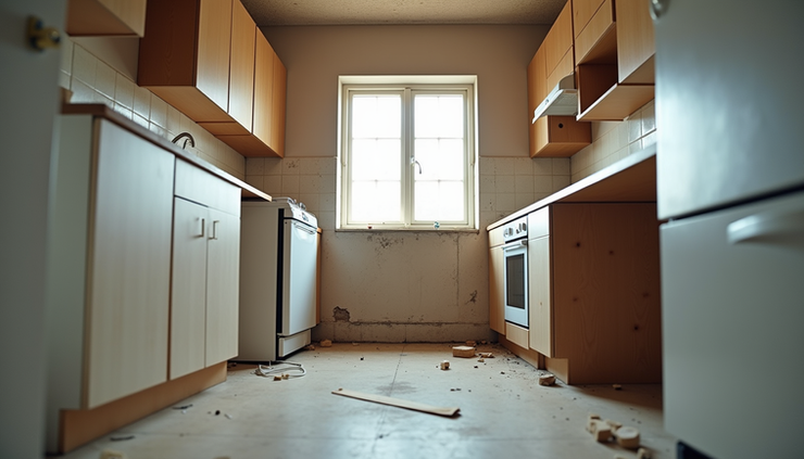 Eye-level view of a partially renovated kitchen with exposed wiring and unfinished cabinets