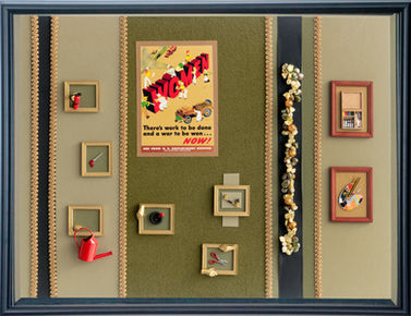 Recruiting poster of women using industrial tools set against delicate postwar art implements in gold-green tones.