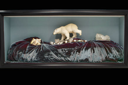 Polar bear on quartz floe faces temperate-water whelk; deep-blue velvet sea conveys warming-ocean drift.