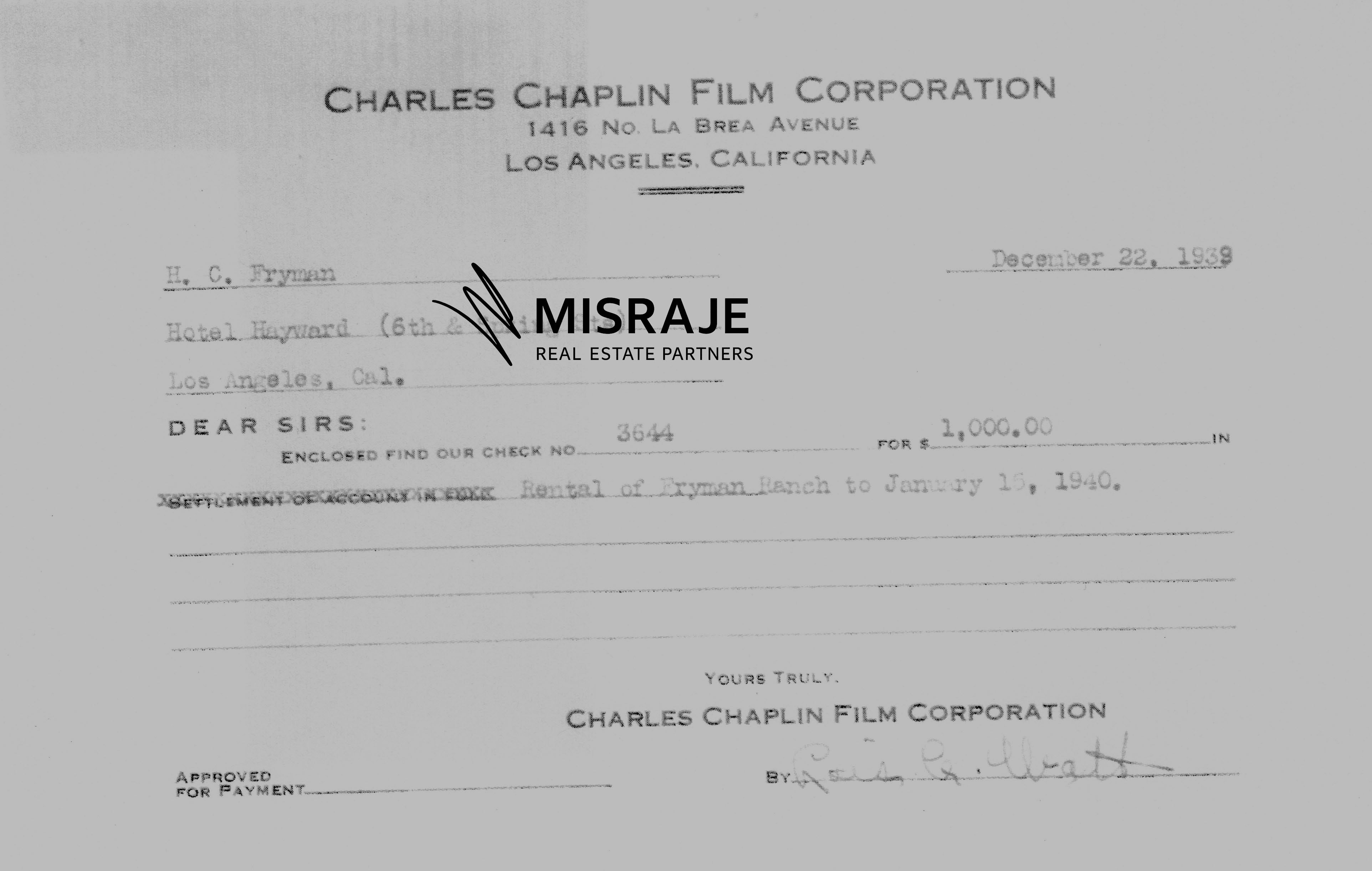 Receipt confirming Charlie Chaplin rented Fryman Ranch for a 1940 film