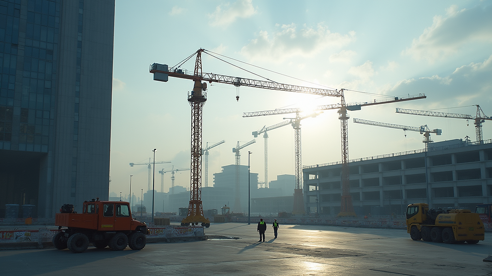 Wide angle view of a modern construction site with cranes and workers