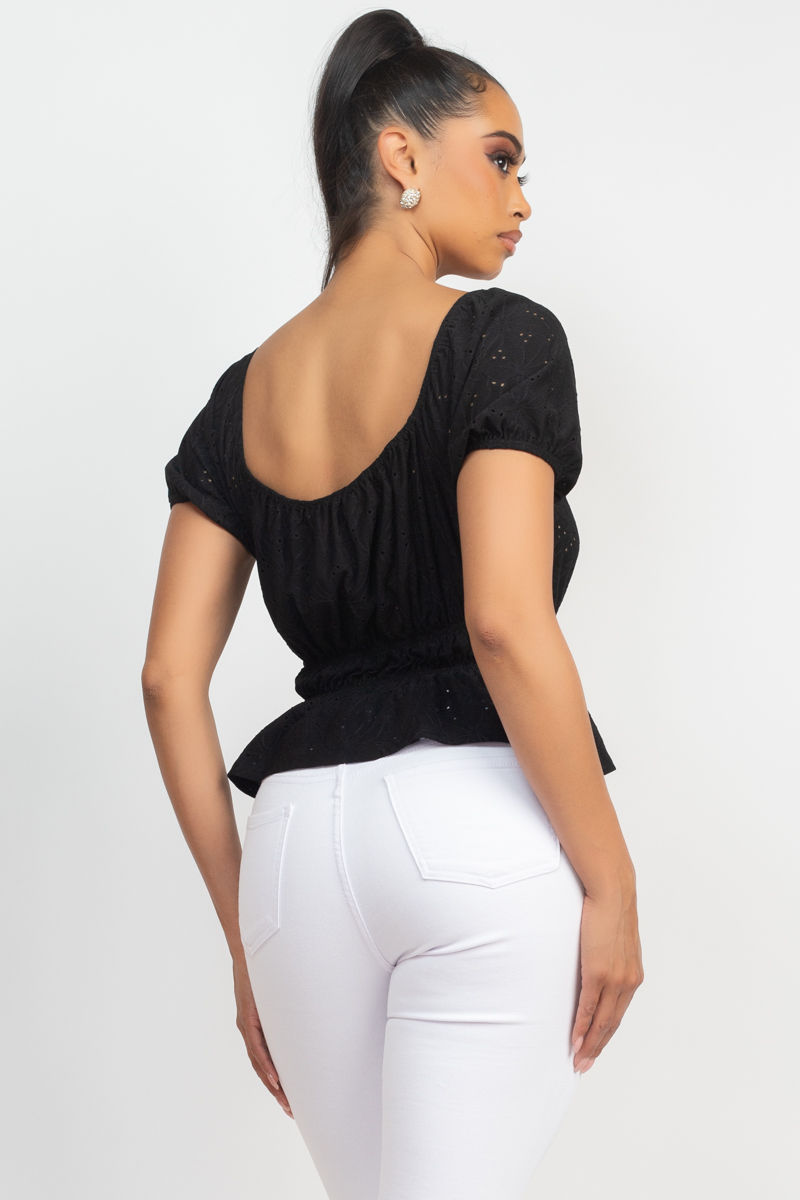 Thumbnail: Puff Sleeve Eyelet Peplum Top