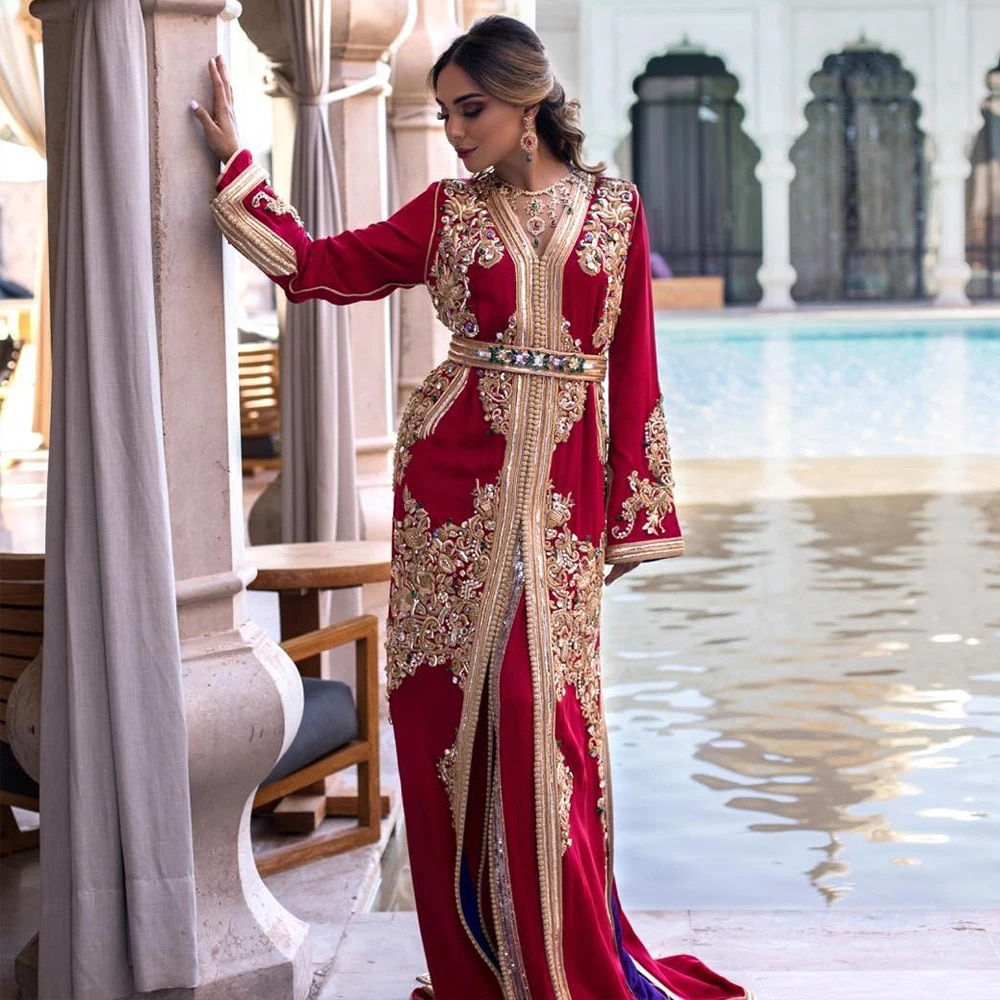 Crystal Moroccan Kaftan Evening Gown: Intricate Appliques