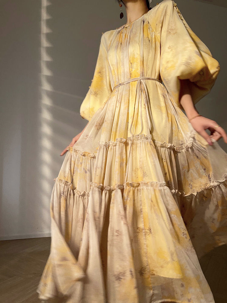 Prints Large Hemline Loose Long Sleeve Maxi Dress