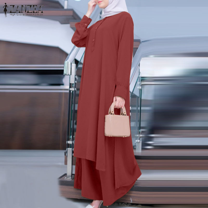 Thumbnail: Long Sleeve oversized Neck Shirt and Loose Trousers, 2-Piece 