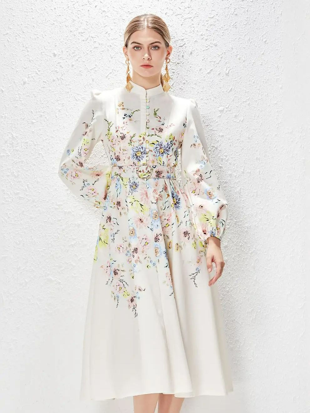 Stand Collar, Bubble Sleeves, Waist Bel, with Fit Long Printed Dress