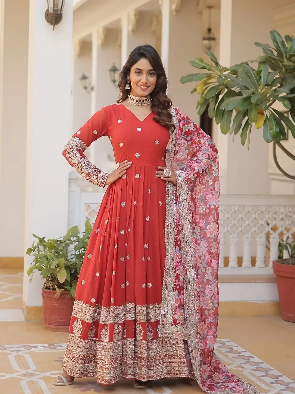 Thumbnail: V-neck Salwar Kameez Readymade Palazzo Kurta Dupatta Set Women Wedding Partywear