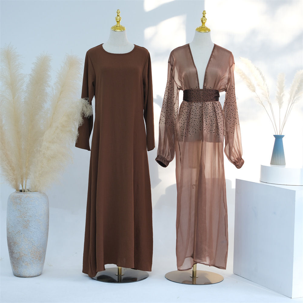 Puffy Beaded Open Abaya with Sleeve Sheer Kimono and belt