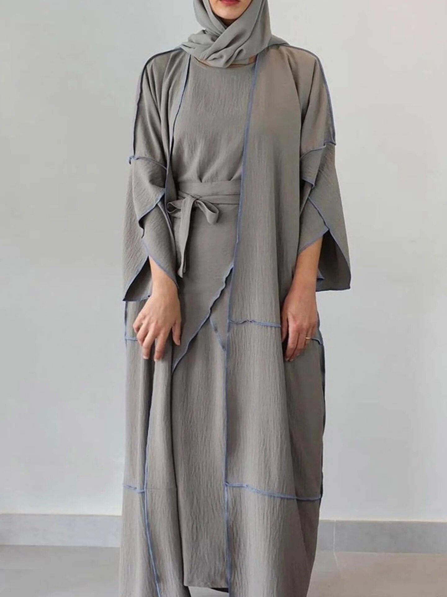 3-Piece Abaya Set: Kimono, Sleeveless Slip Dress, and Wrap Skirt Ensemble