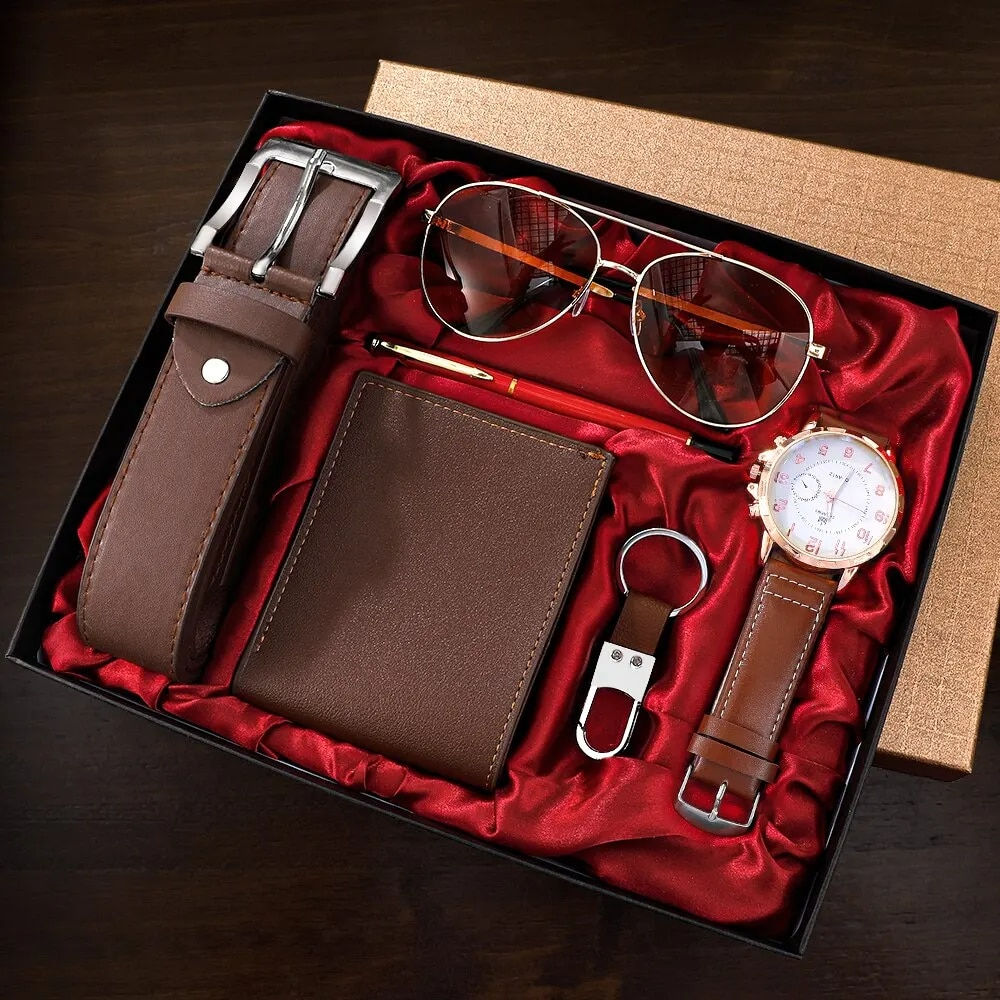 Men's Luxury Gift Box Set: Watch, Glasses, Pen, Keychain, Belt, Purse