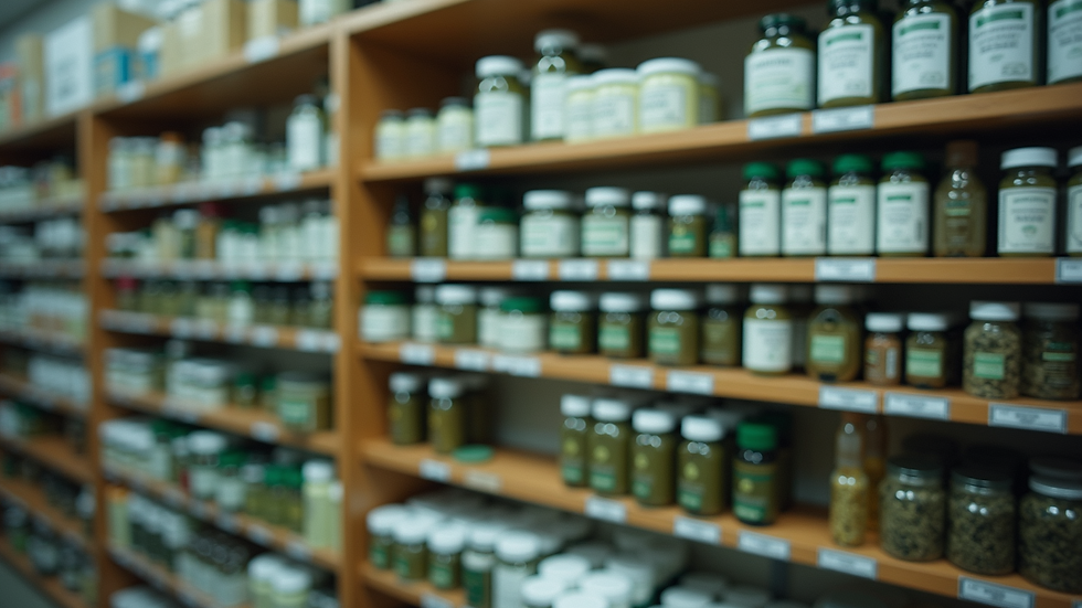 Eye-level view of a medical marijuana dispensary shelf with various products