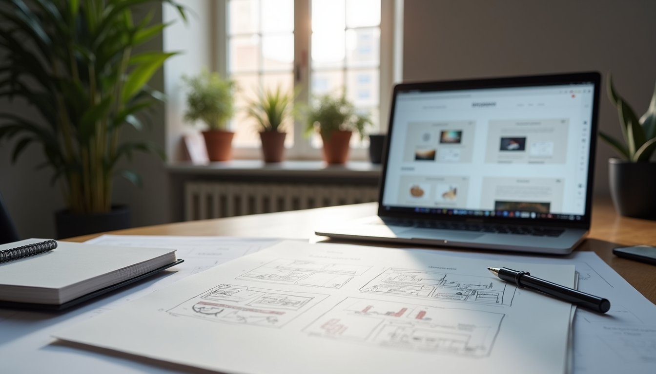 Close-up view of a designer’s desk with sketches and a laptop showing website wireframes